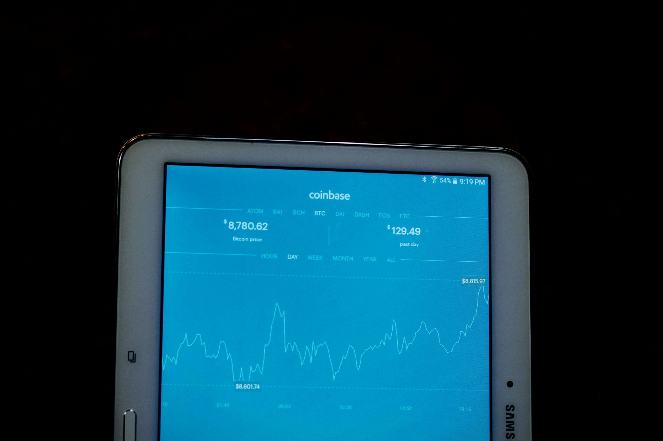 Tablet displaying a Coinbase screen with a Bitcoin price chart.