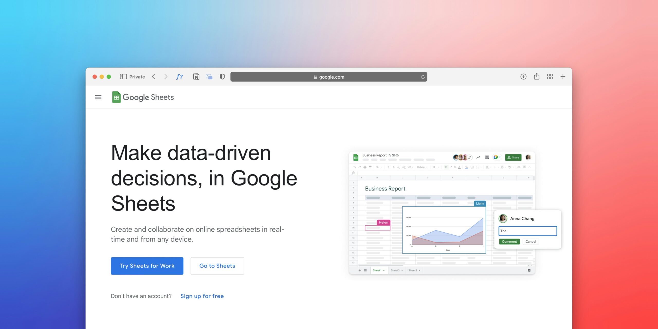 Google Sheets website on a laptop screen, featuring business report.