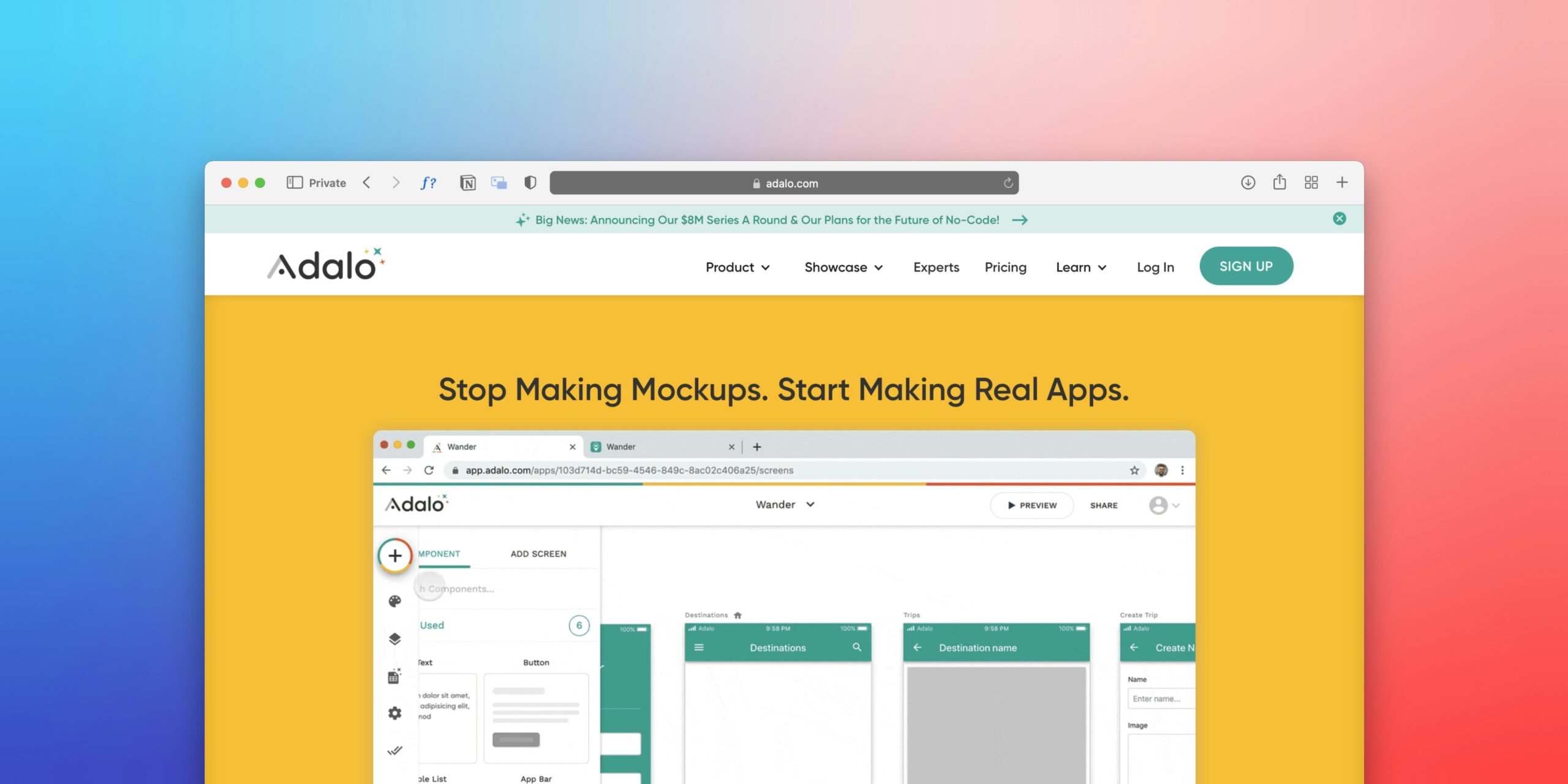 Screenshot of a no-code app development platform. ASO and Mobile App Marketing can improve app visibility.