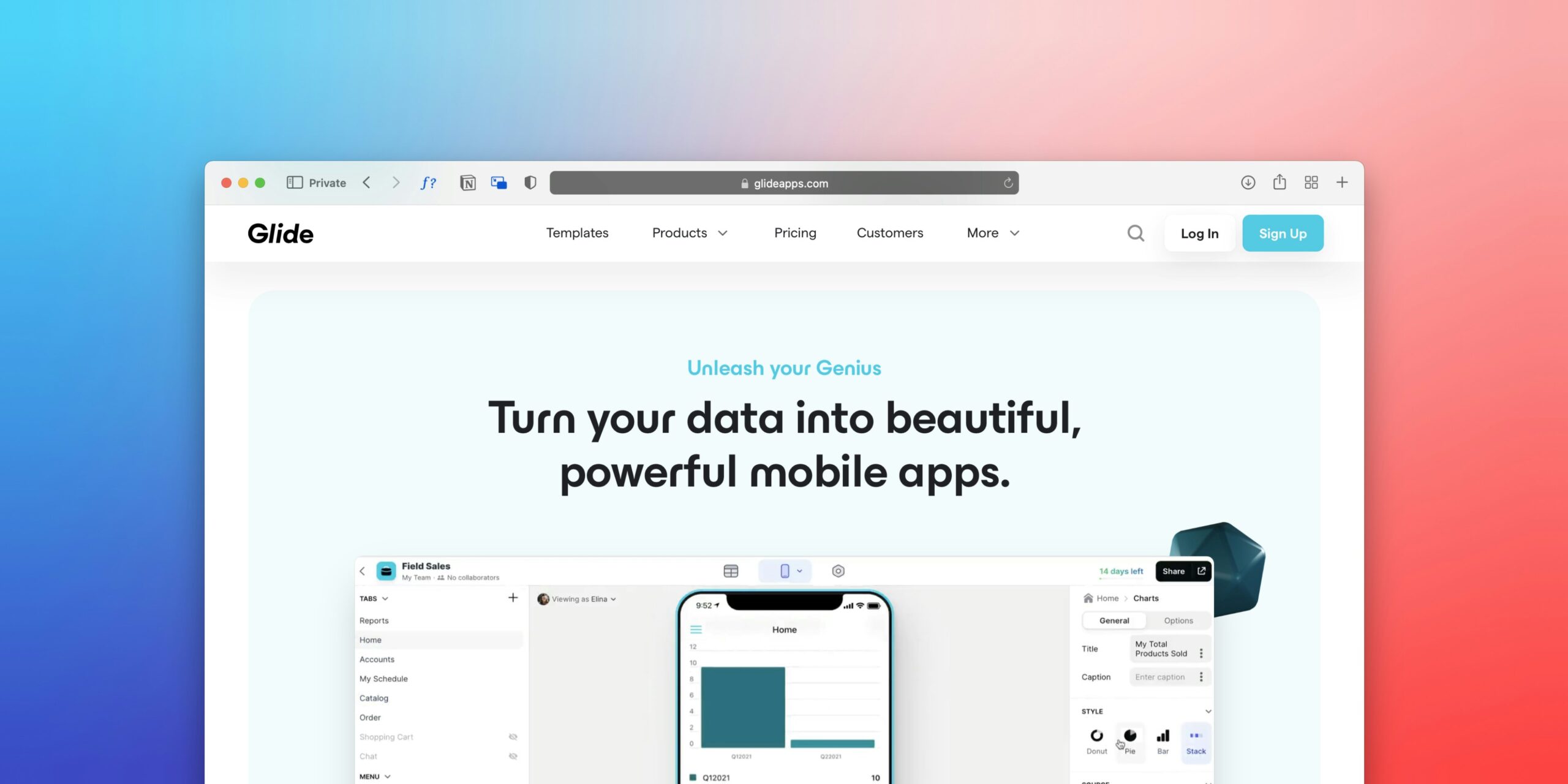 Glide app website on a laptop screen. Creating mobile apps, app marketing, and ASO.