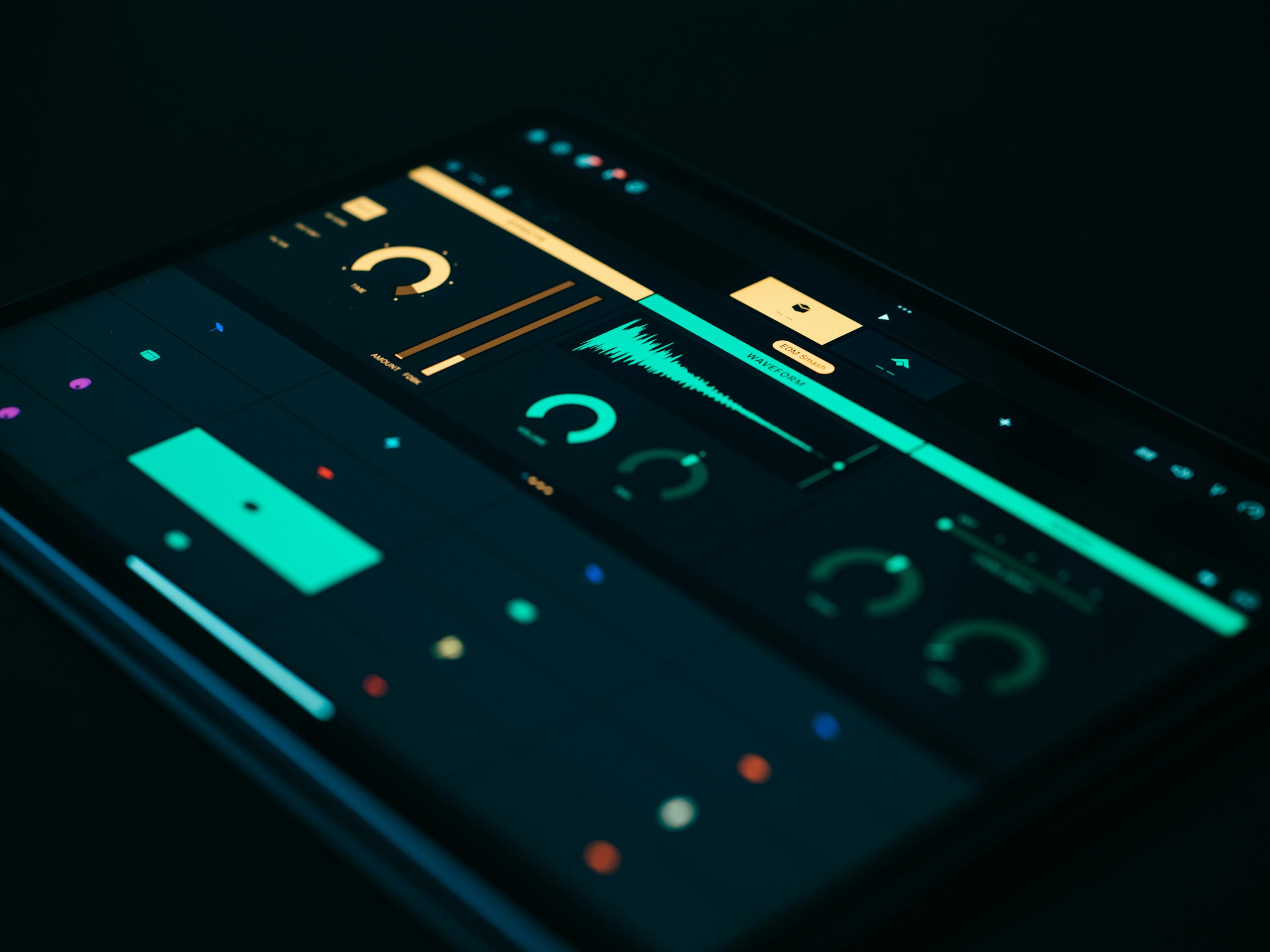 Digital interface on a tablet, likely for audio or video editing. Shows data and analytics, relevant for Social Media Marketing.