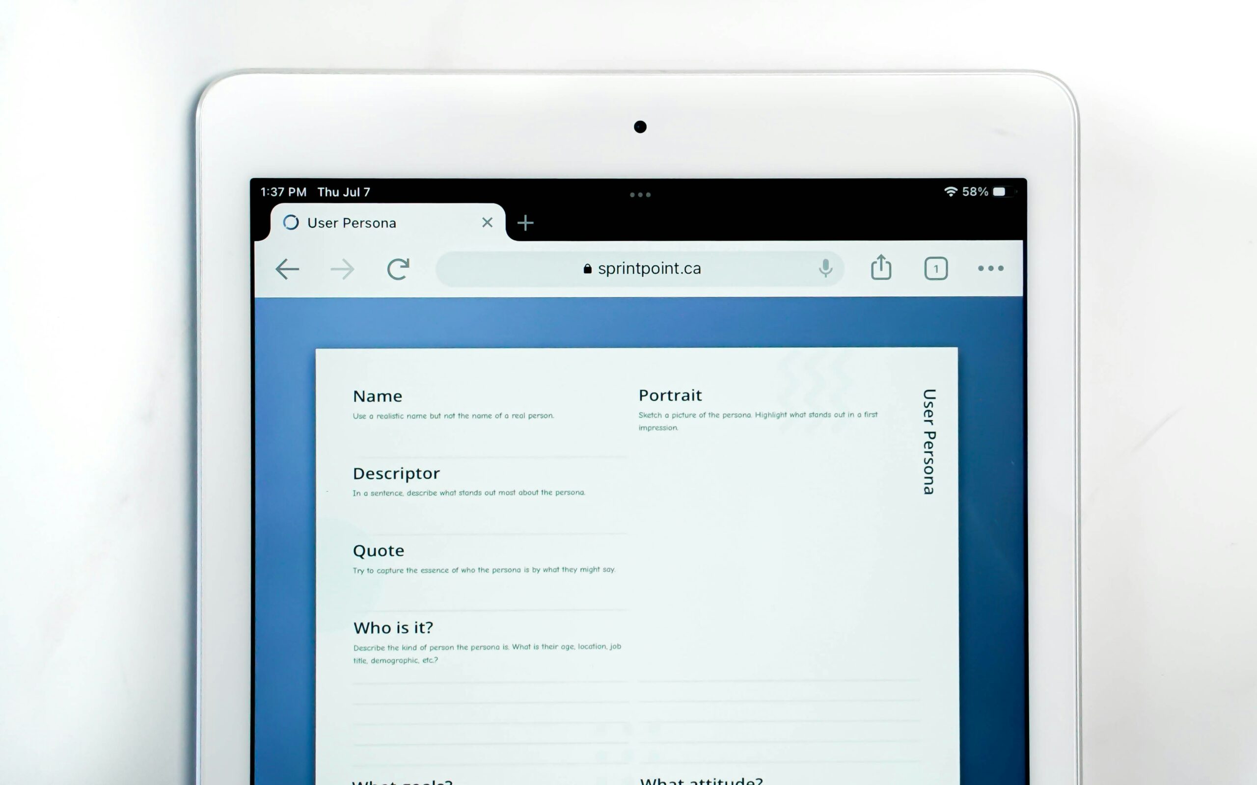 Tablet displaying a user persona document, useful for keyword research and app store optimization.