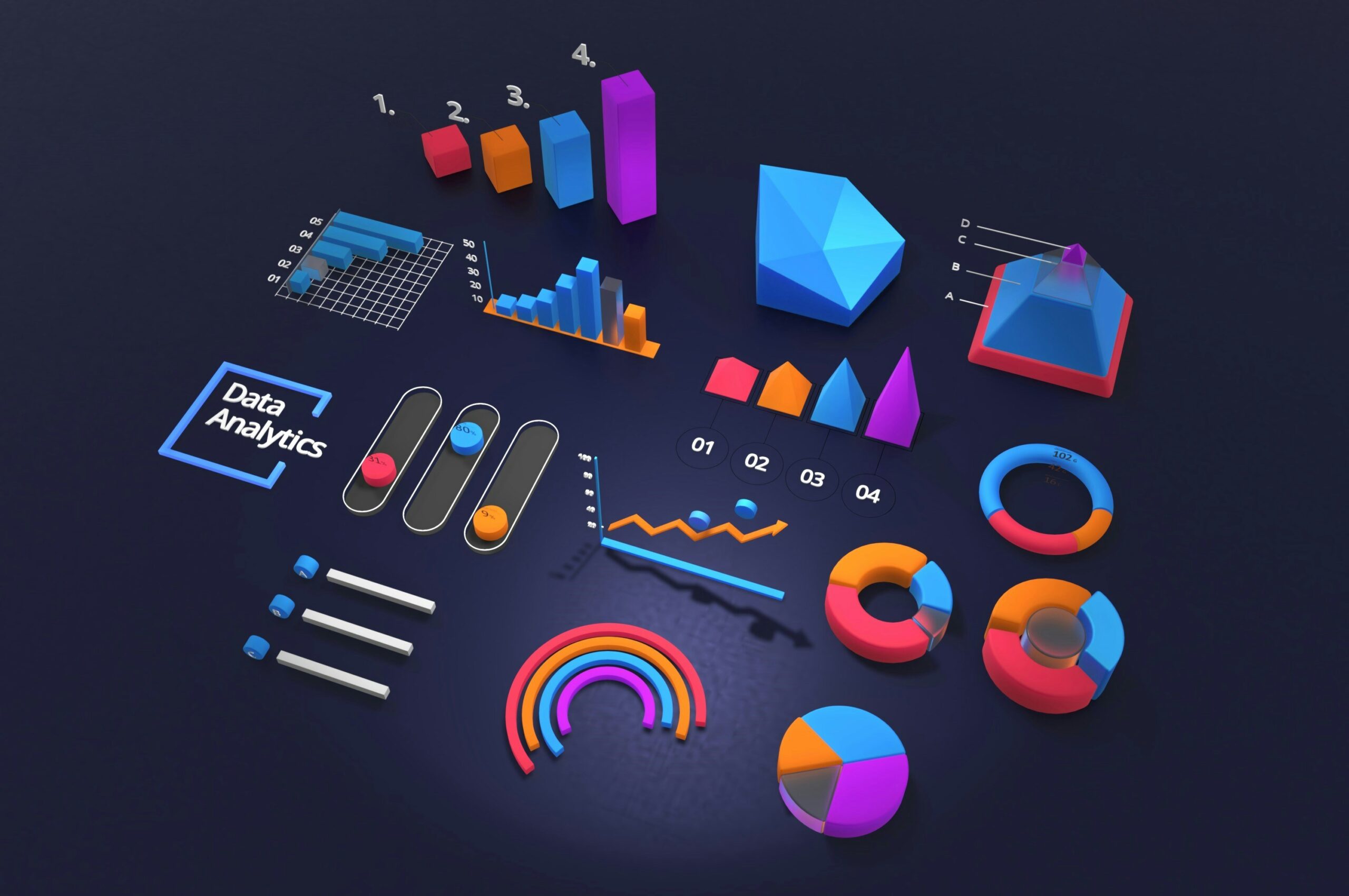 Data analytics illustration with various charts and graphs.