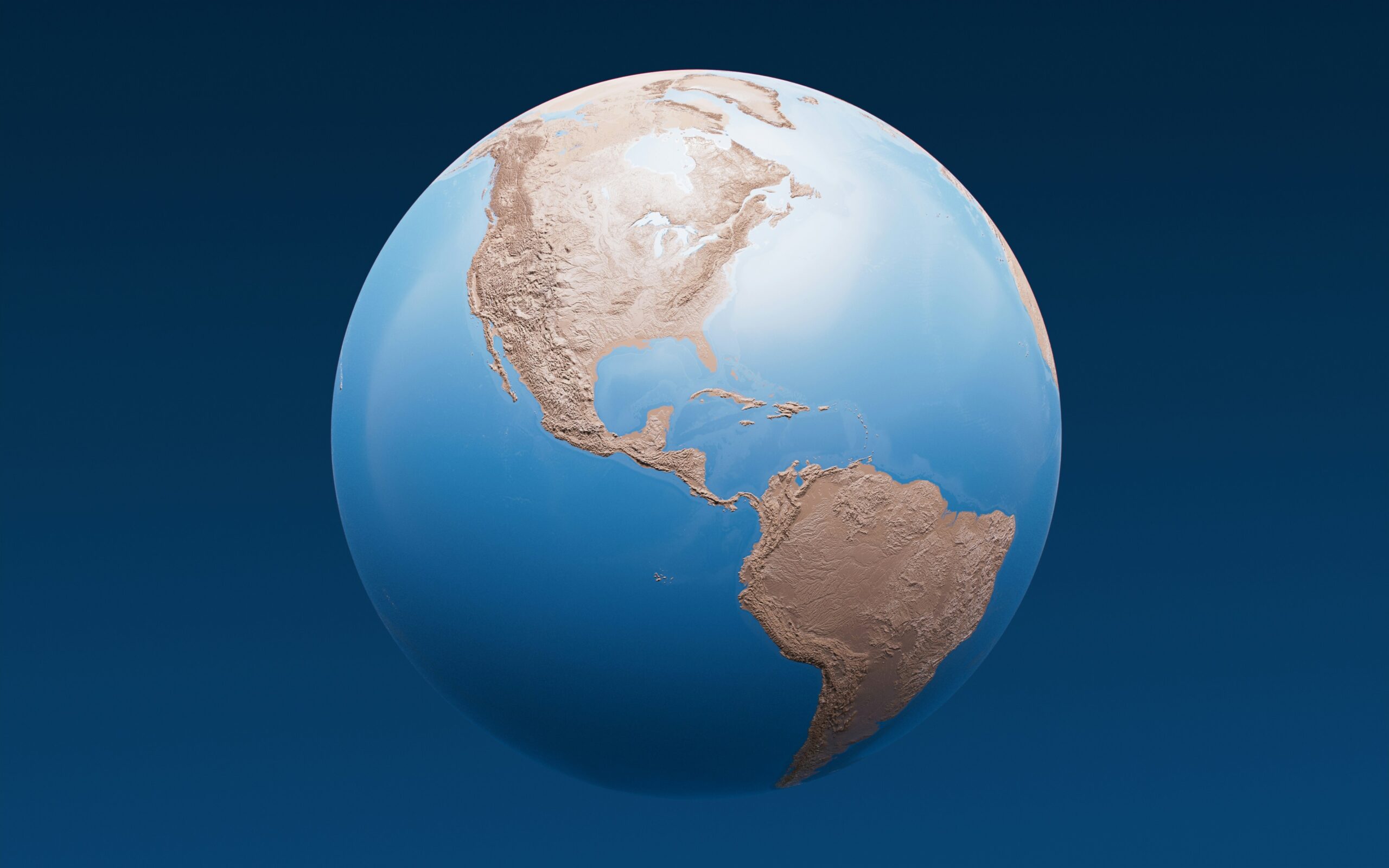 3D rendered globe of the Earth, highlighting the Americas and oceans on a blue background.