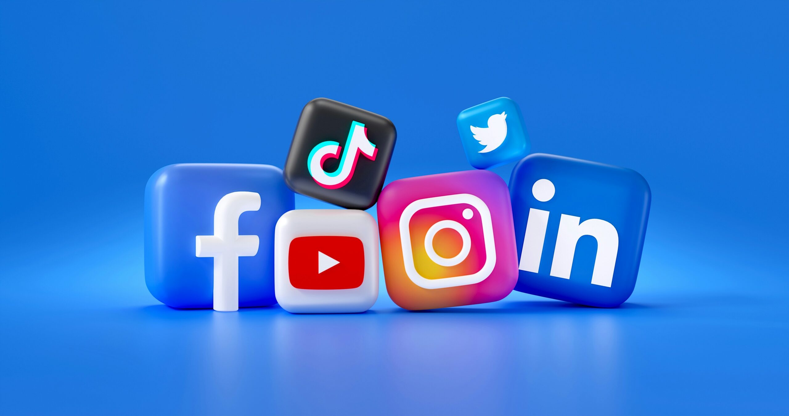 Social media app icons on a blue background.