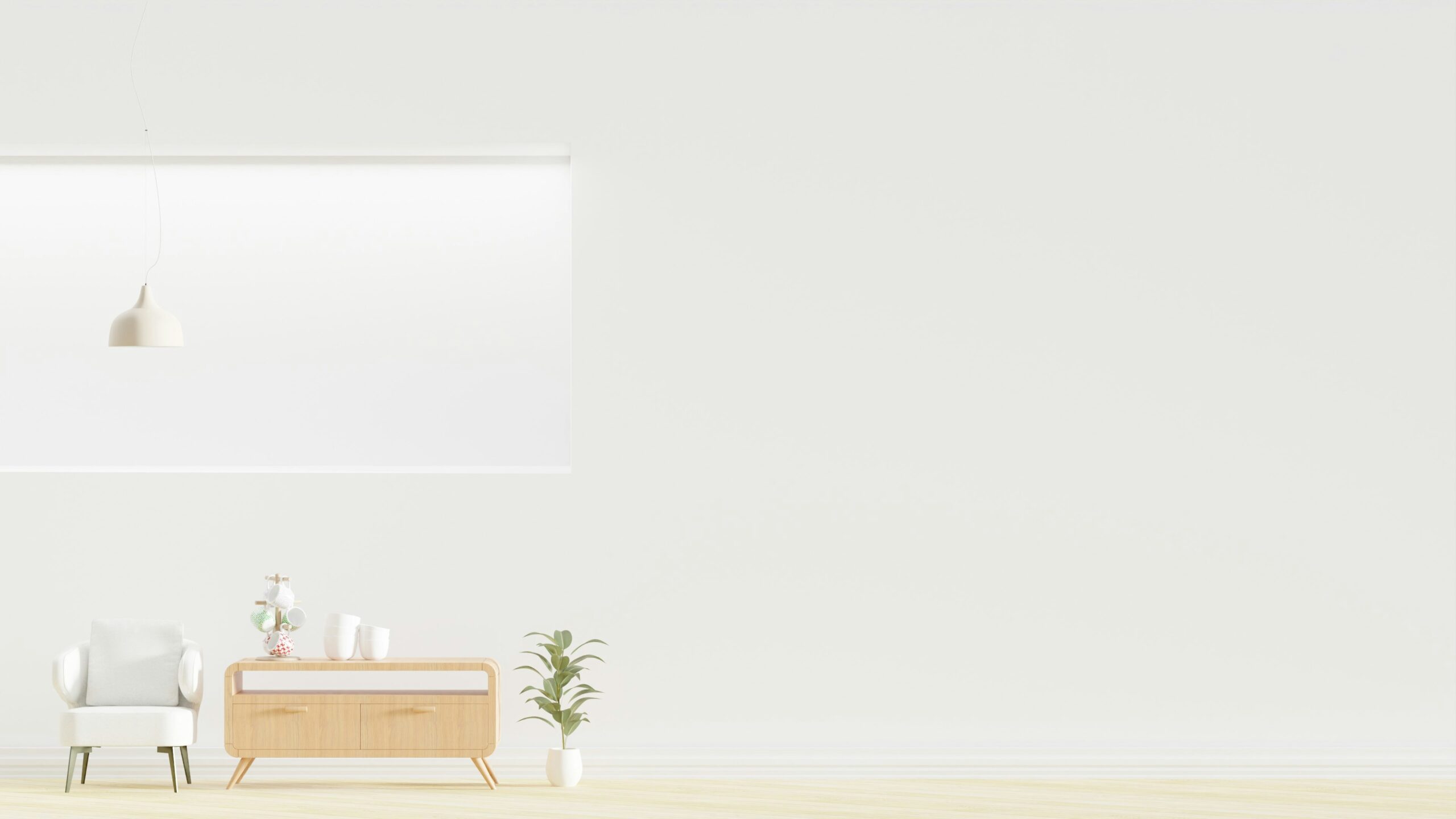 Minimalist interior with white walls, a chair, and a wooden cabinet.