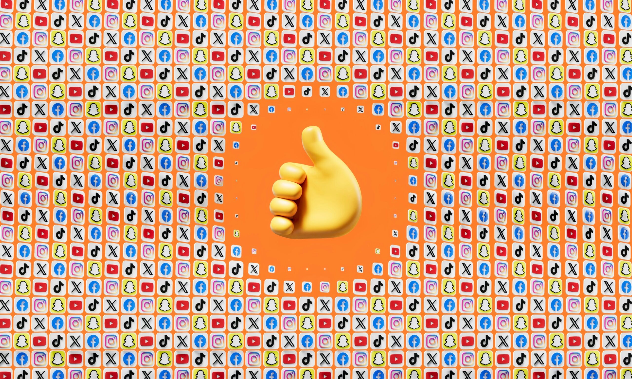 Thumb up emoji surrounded by social media icons, representing engagement.