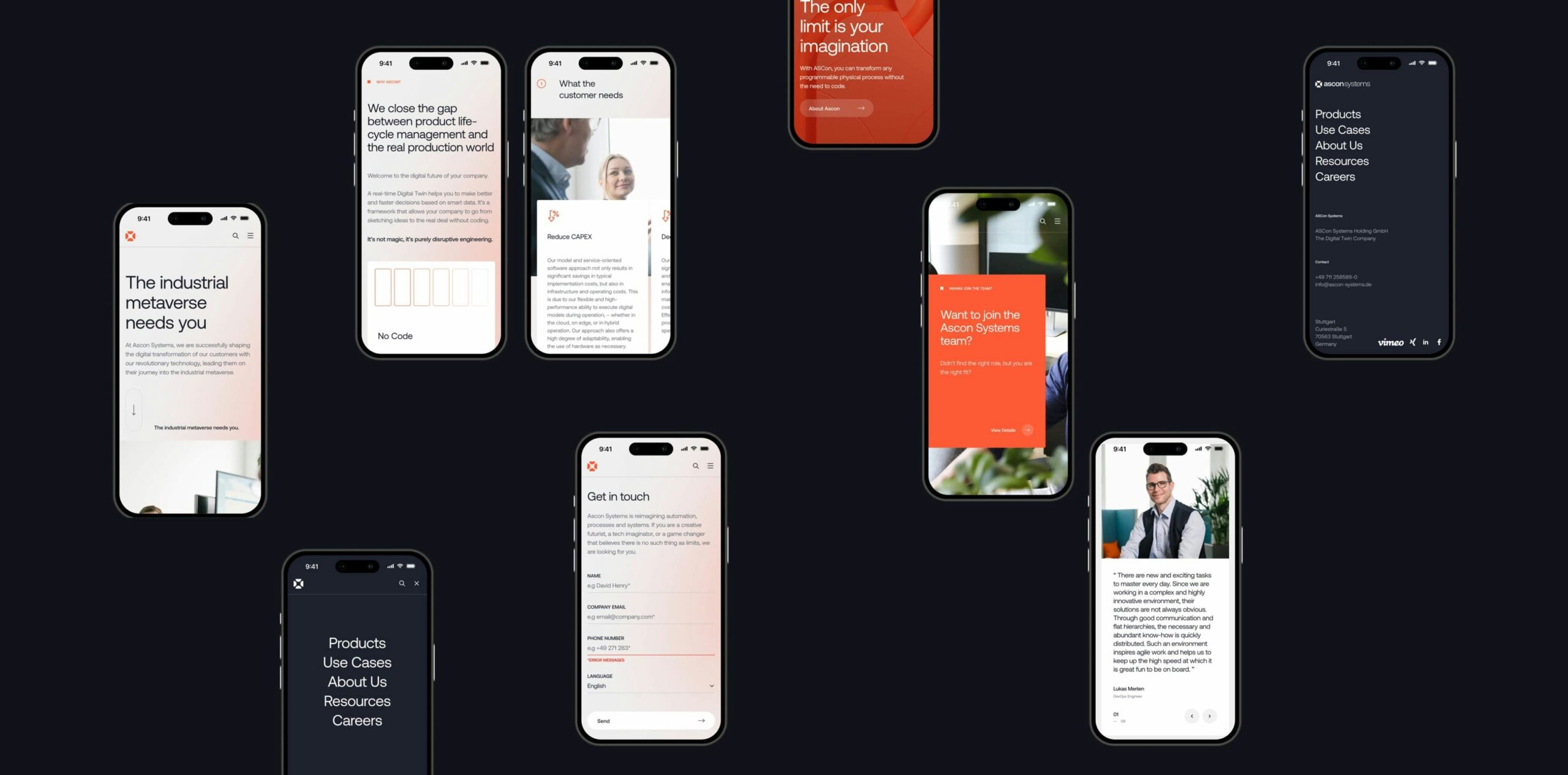 Mobile app interface, showcasing app marketing with a dark theme and various screens.