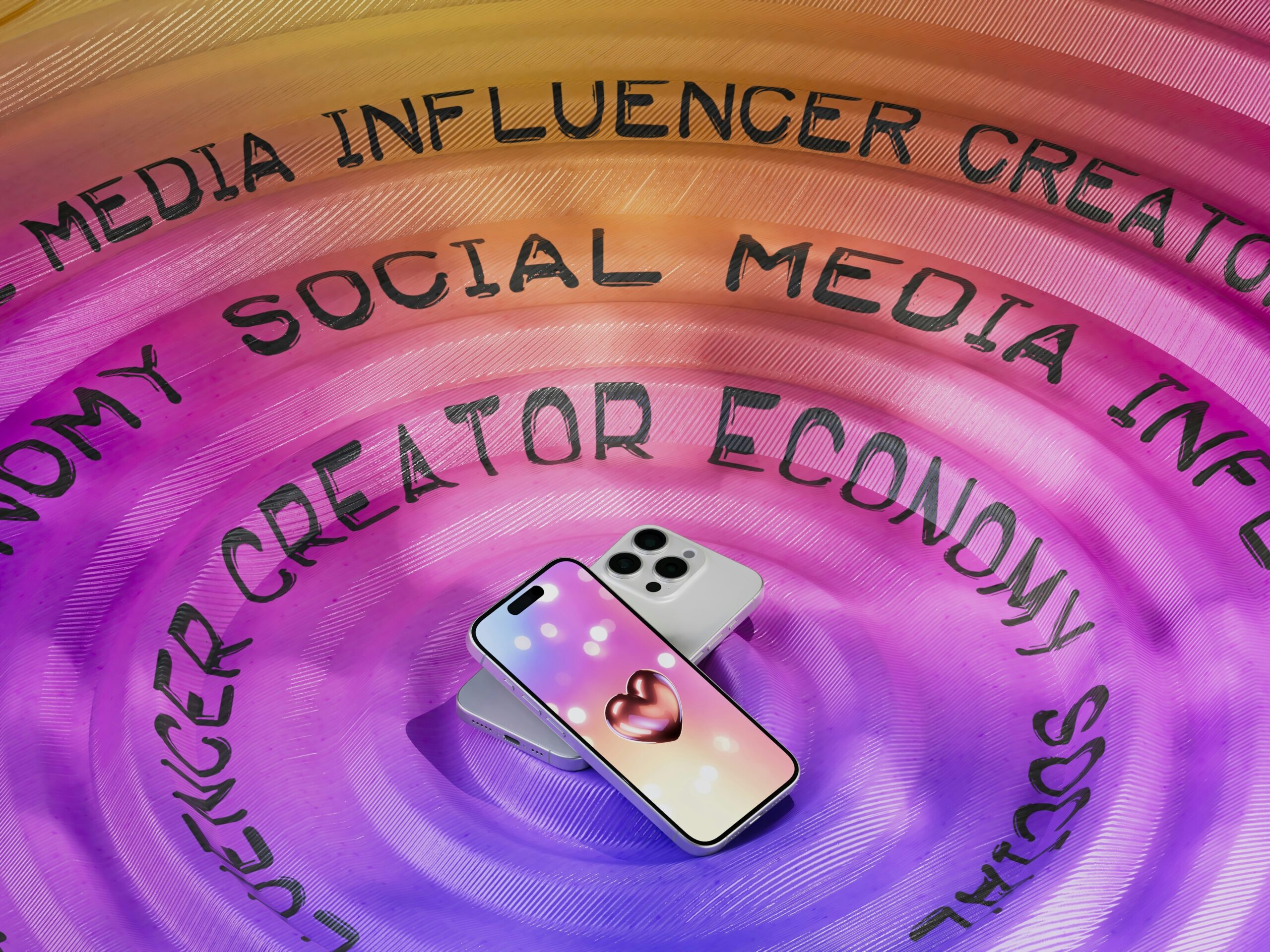 Smartphone with social media marketing concepts around it.