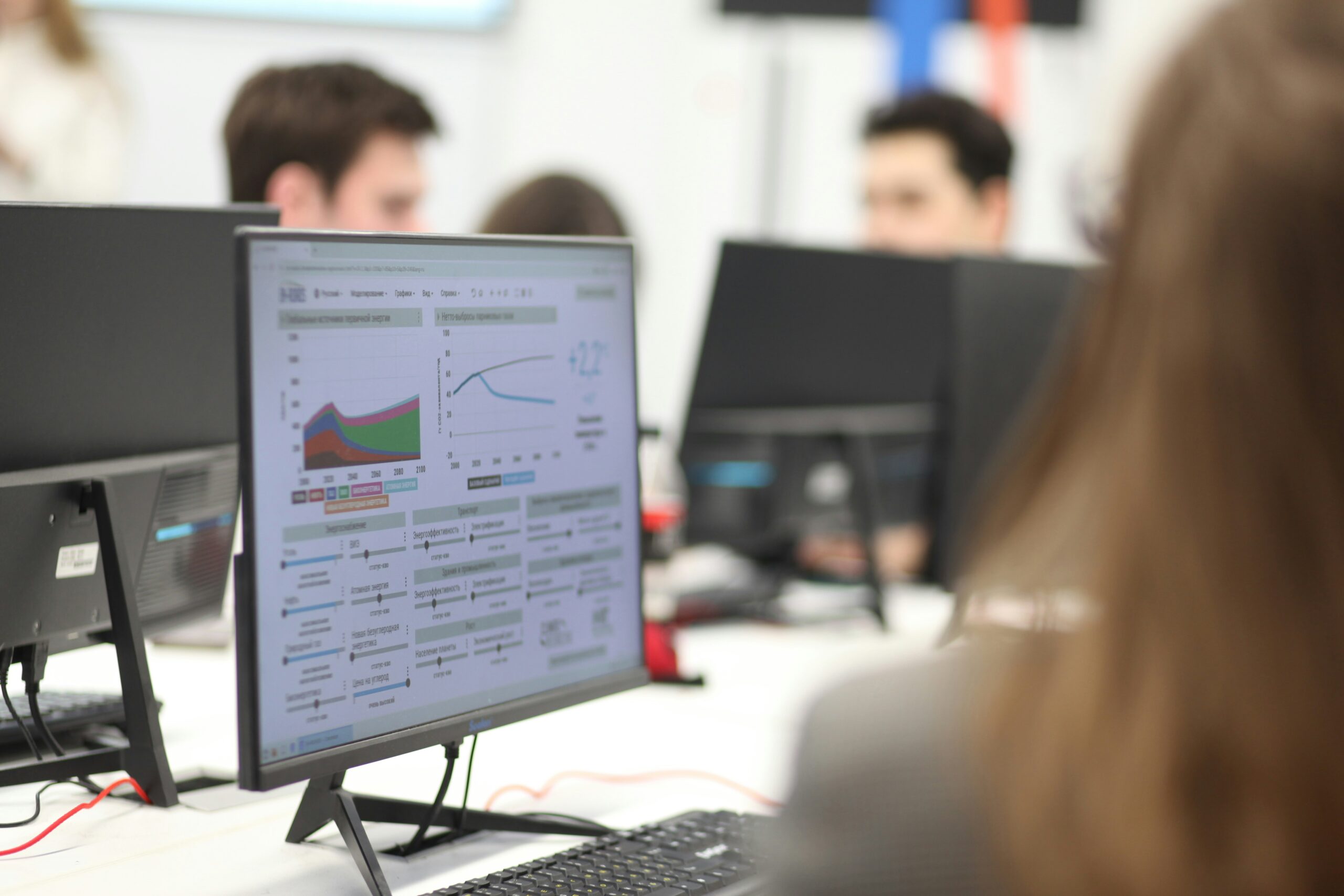 Computer screen with data analysis. Case Study of Social Media Marketing.