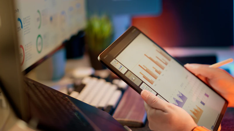 Person using a tablet with charts, relevant to data analysis and App Marketing. For ASO and Play Store Optimisation.