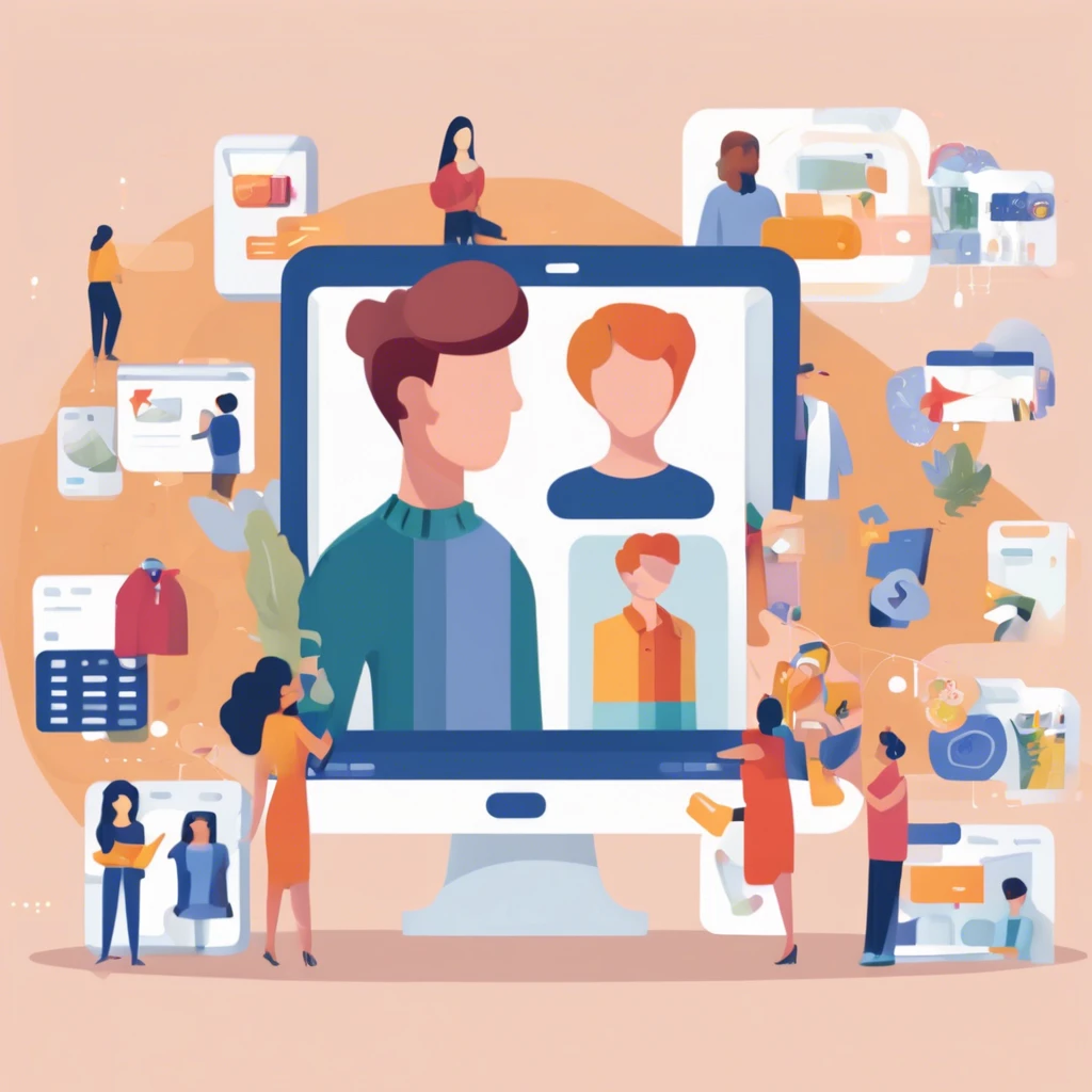 People on a computer screen, digital marketing and online communication.