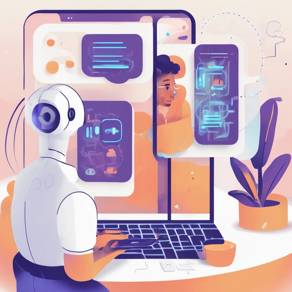 AI robot working on a laptop, with a focus on artificial intelligence and digital marketing.