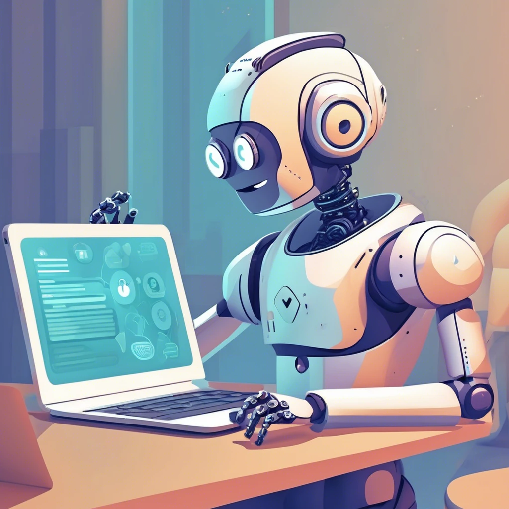 Robot using a laptop, AI and automation in digital marketing.