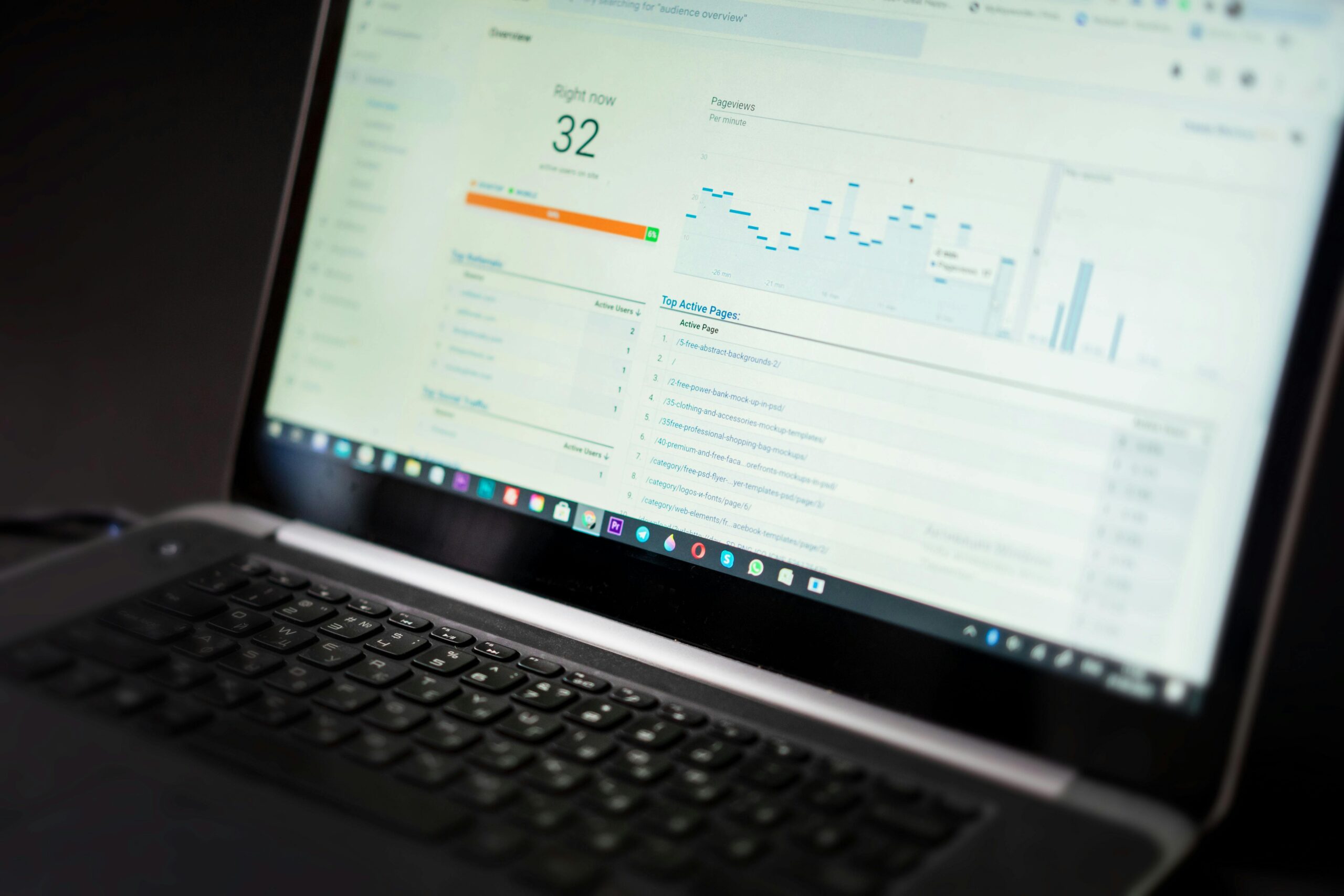 Laptop screen displaying analytics, focusing on audience overview and page views.