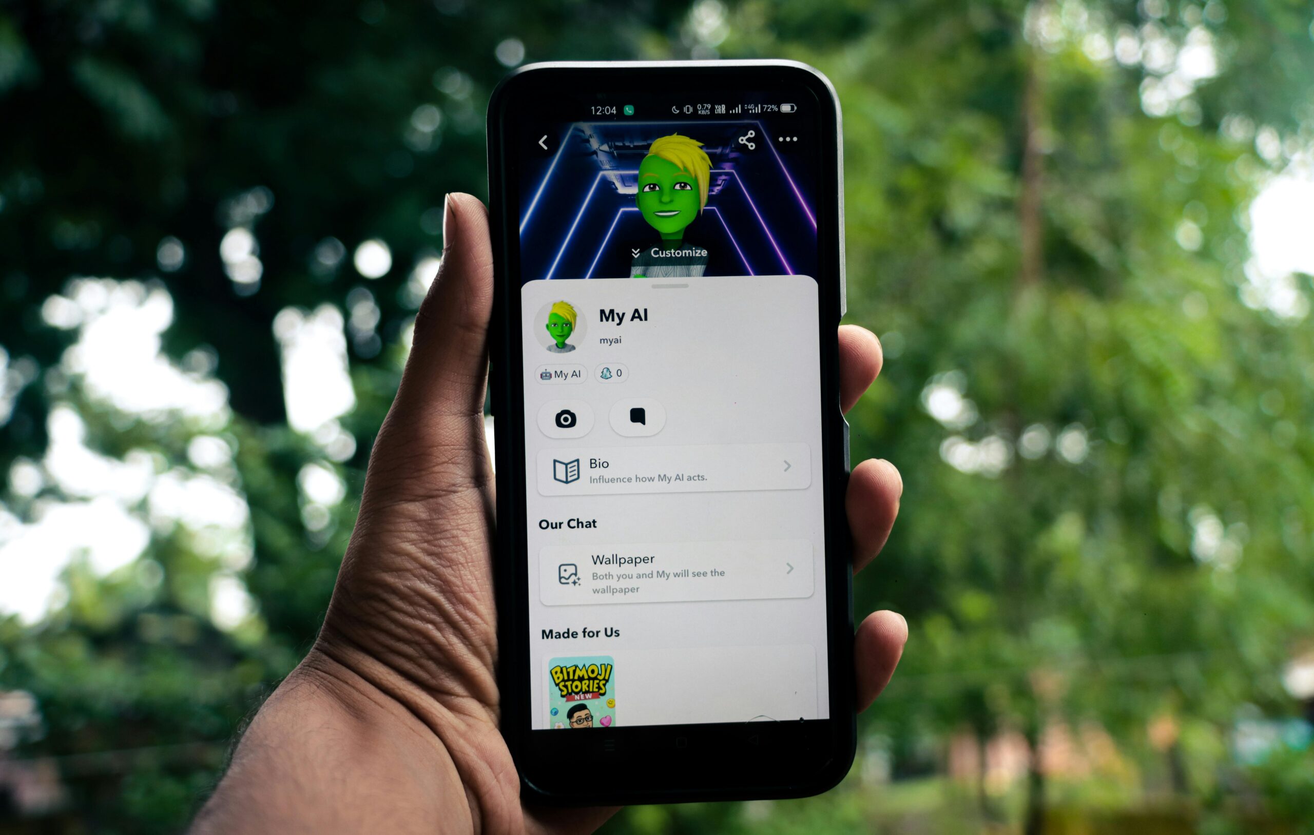 Smartphone displaying a 'My AI' interface, digital marketing AI.