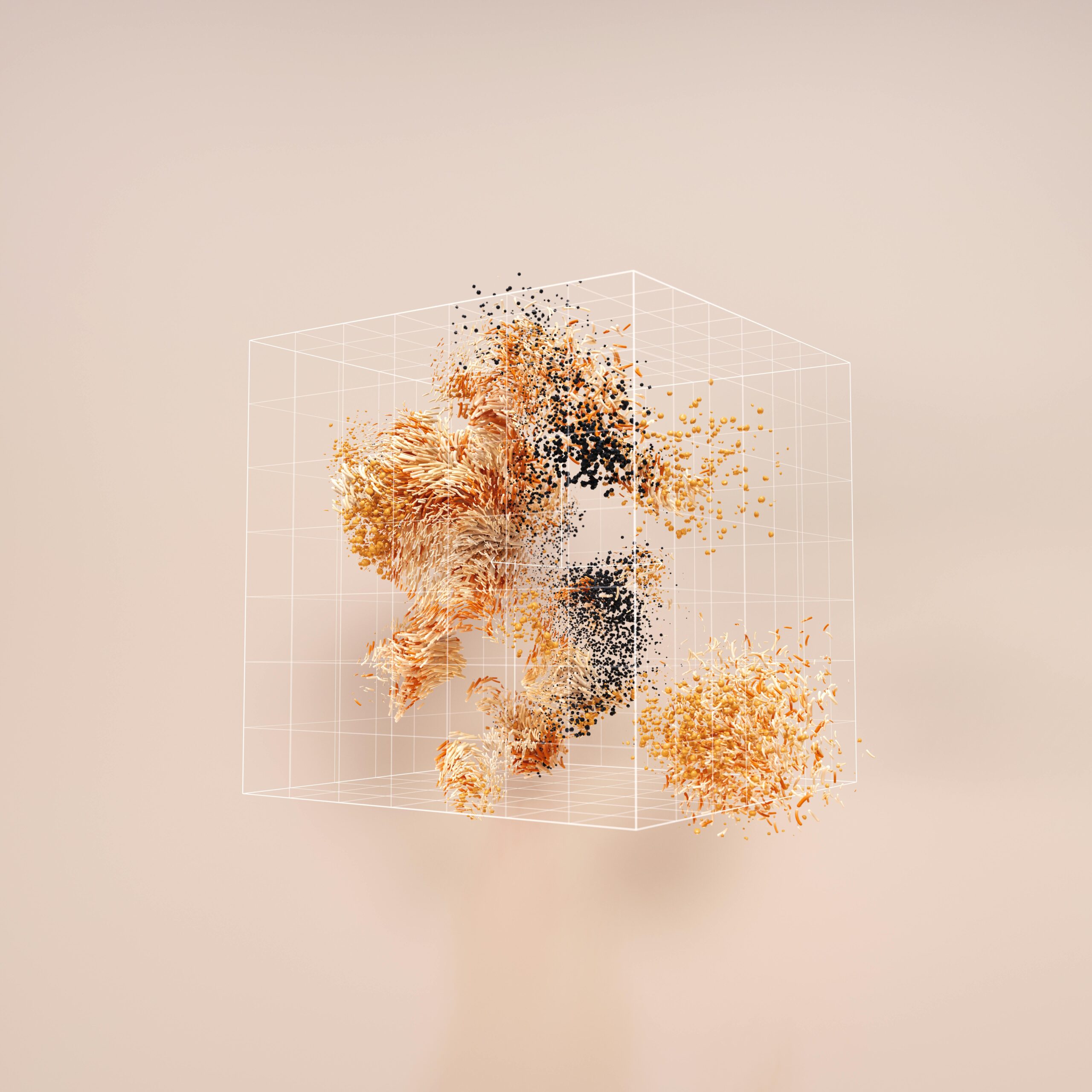 Abstract art with a wireframe cube, orange and black particles.