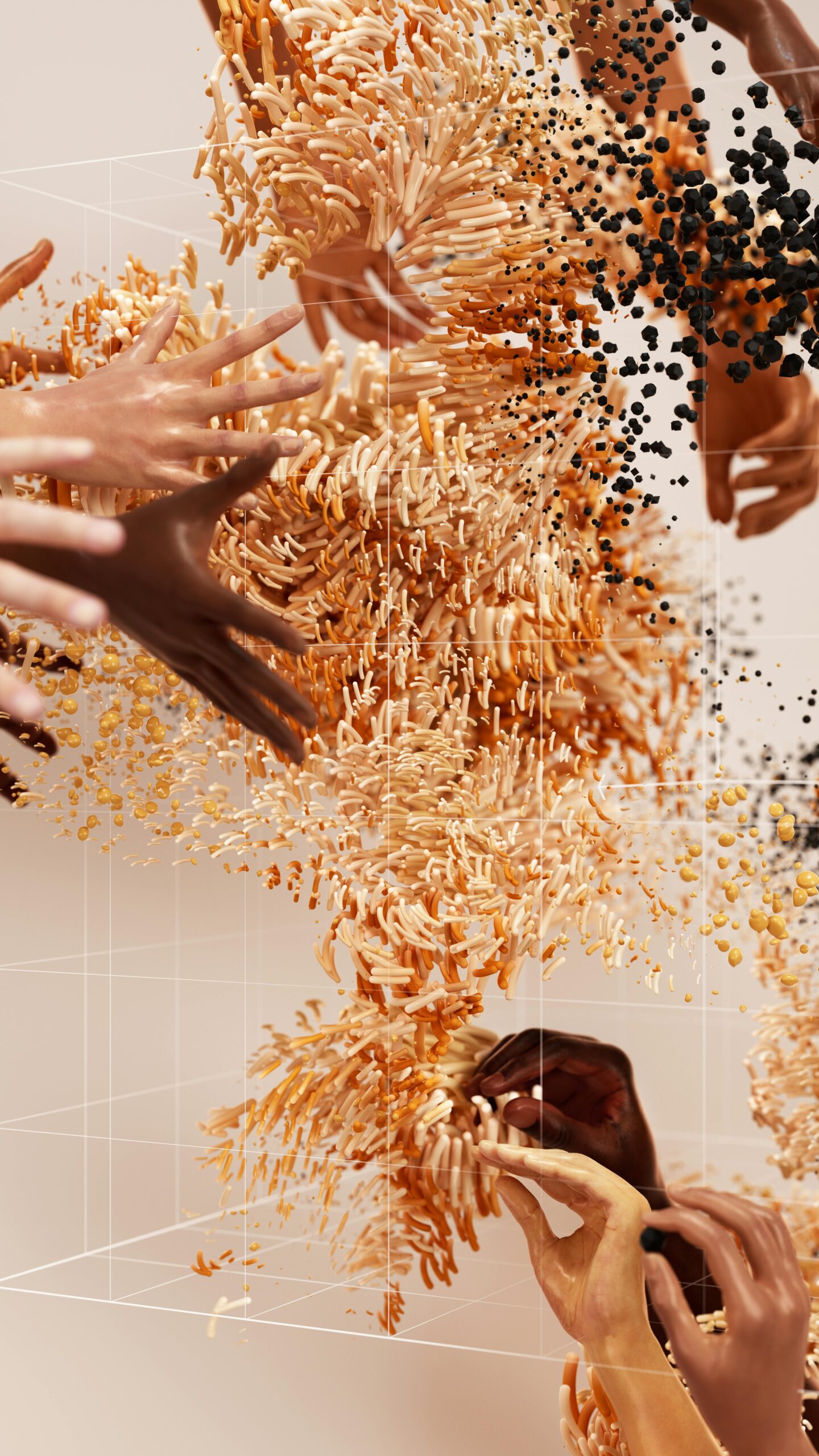 Hands interacting with abstract particles, representing data or information.