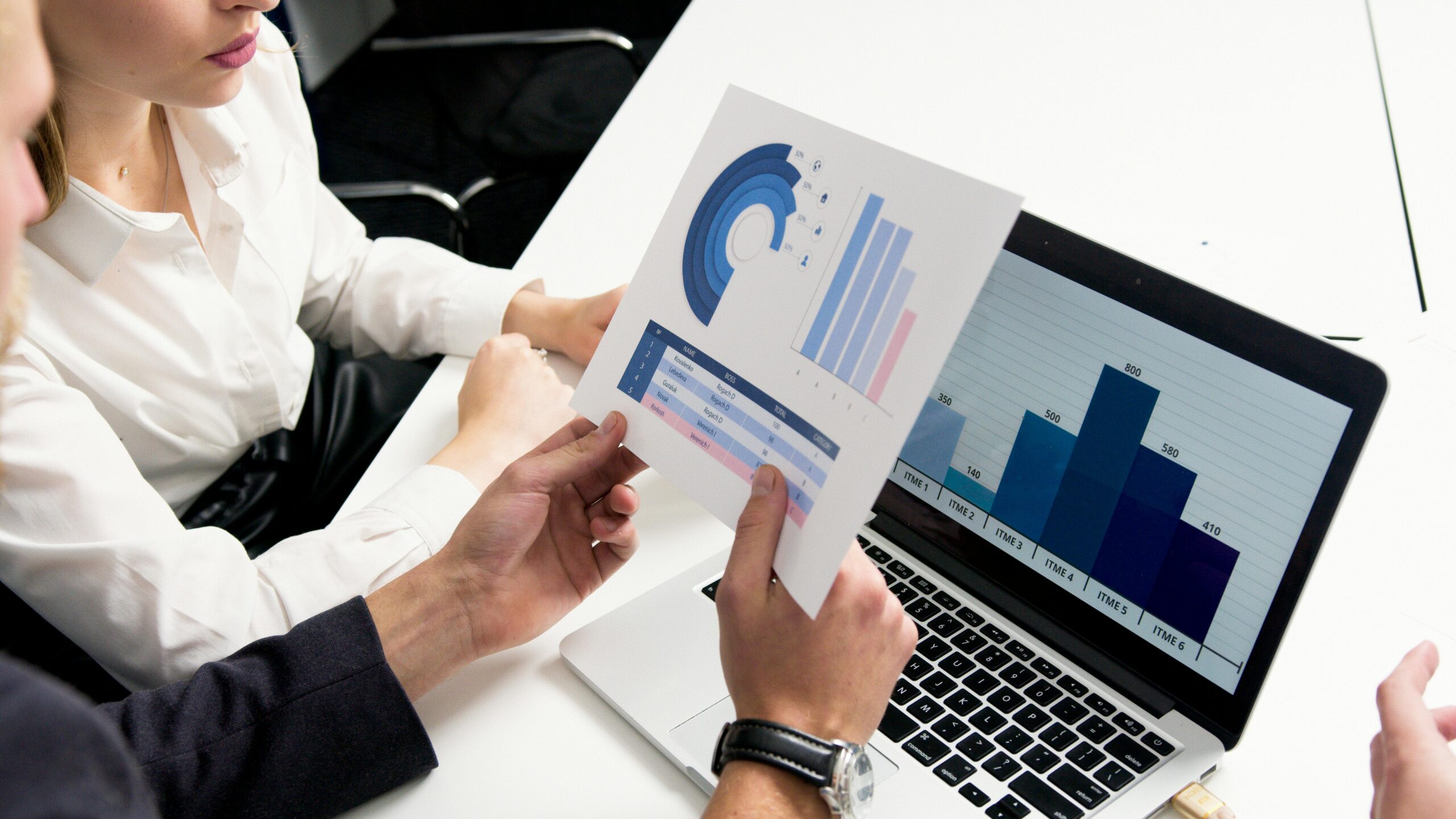 Businesspeople reviewing marketing charts and graphs on a laptop.