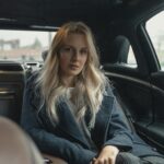 Woman with long blonde hair sitting in a car.