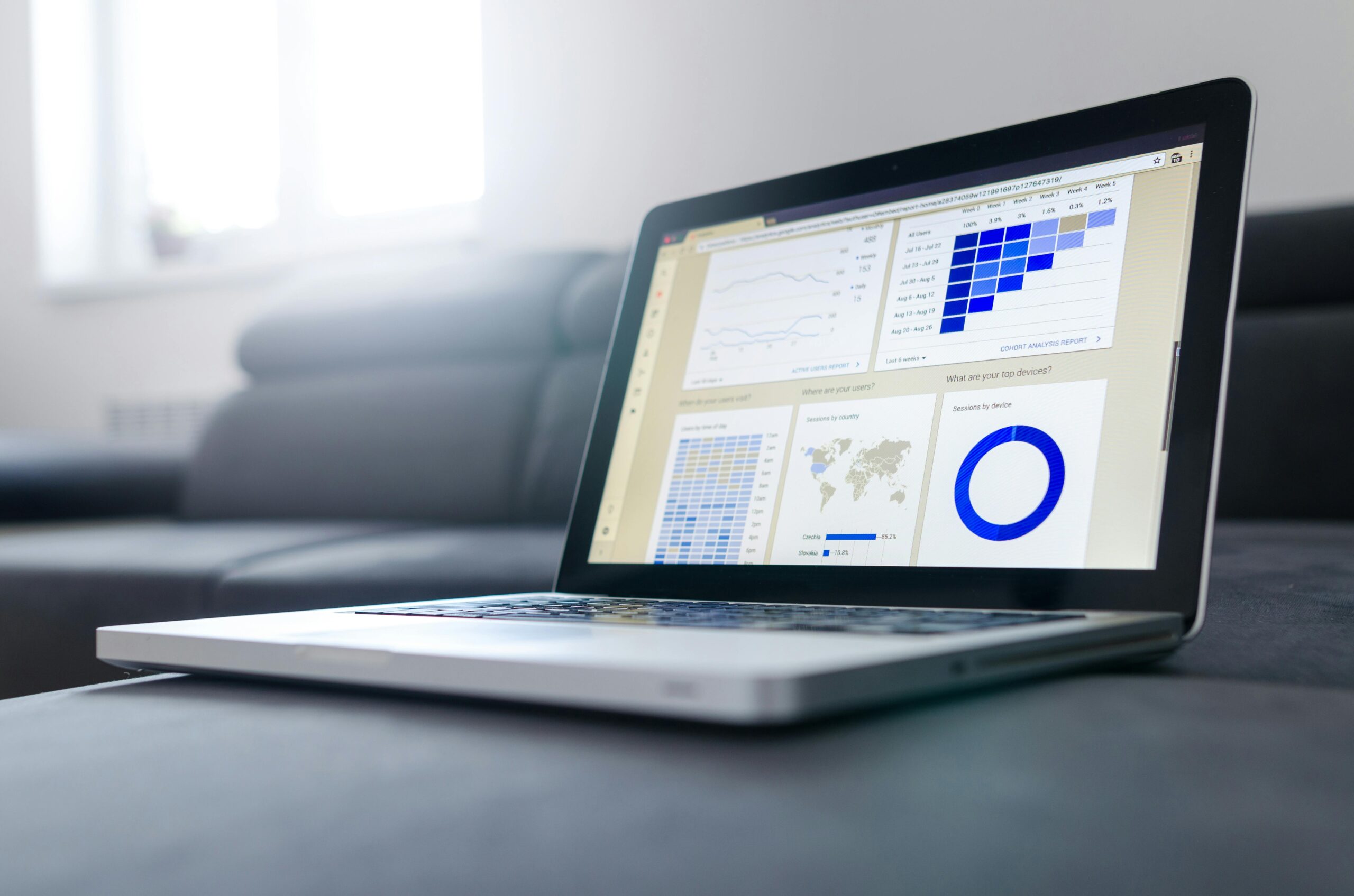 Laptop displaying data analytics, related to Google Ads, optimization, and AI strategies.