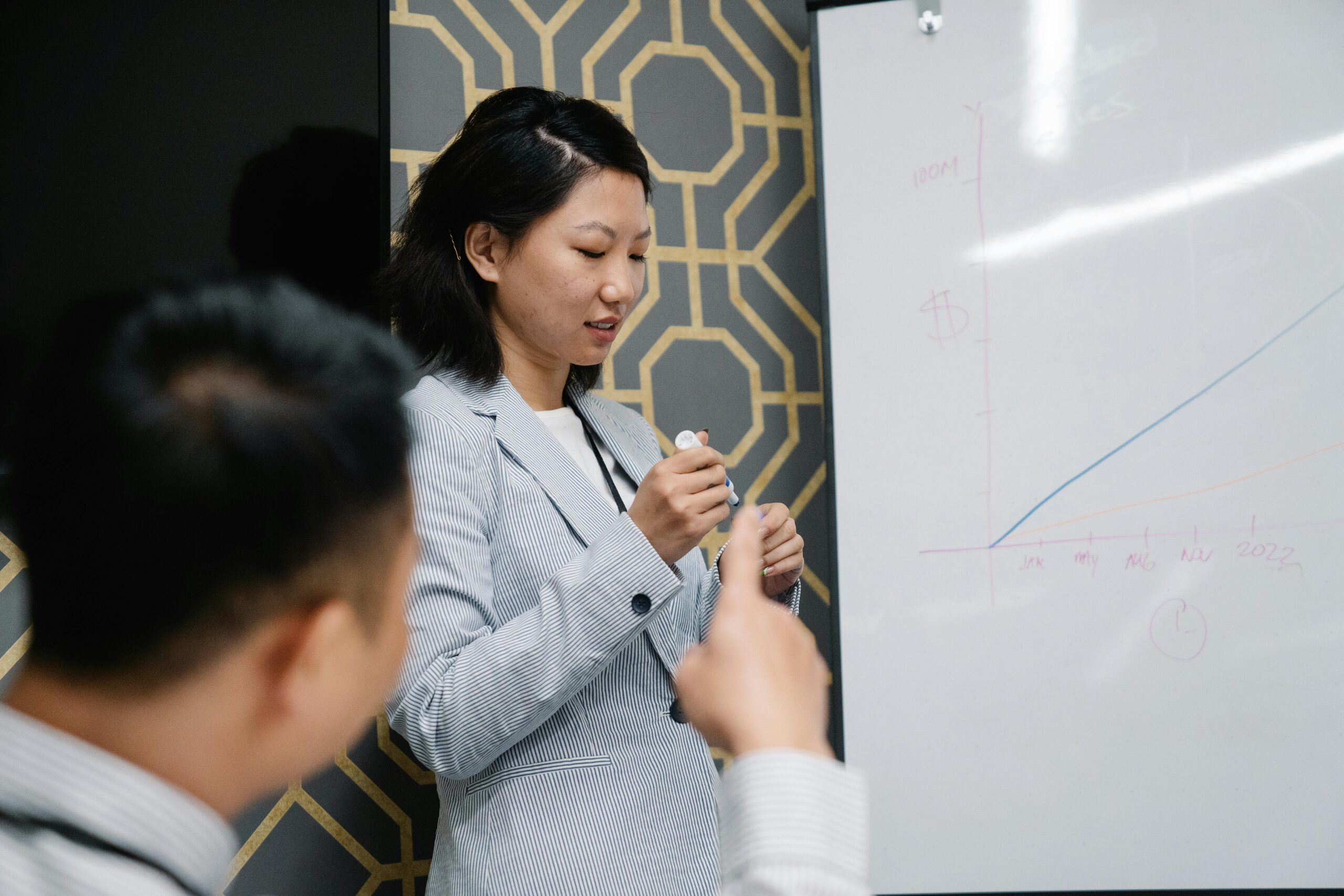 Woman presenting on a whiteboard during a marketing meeting.