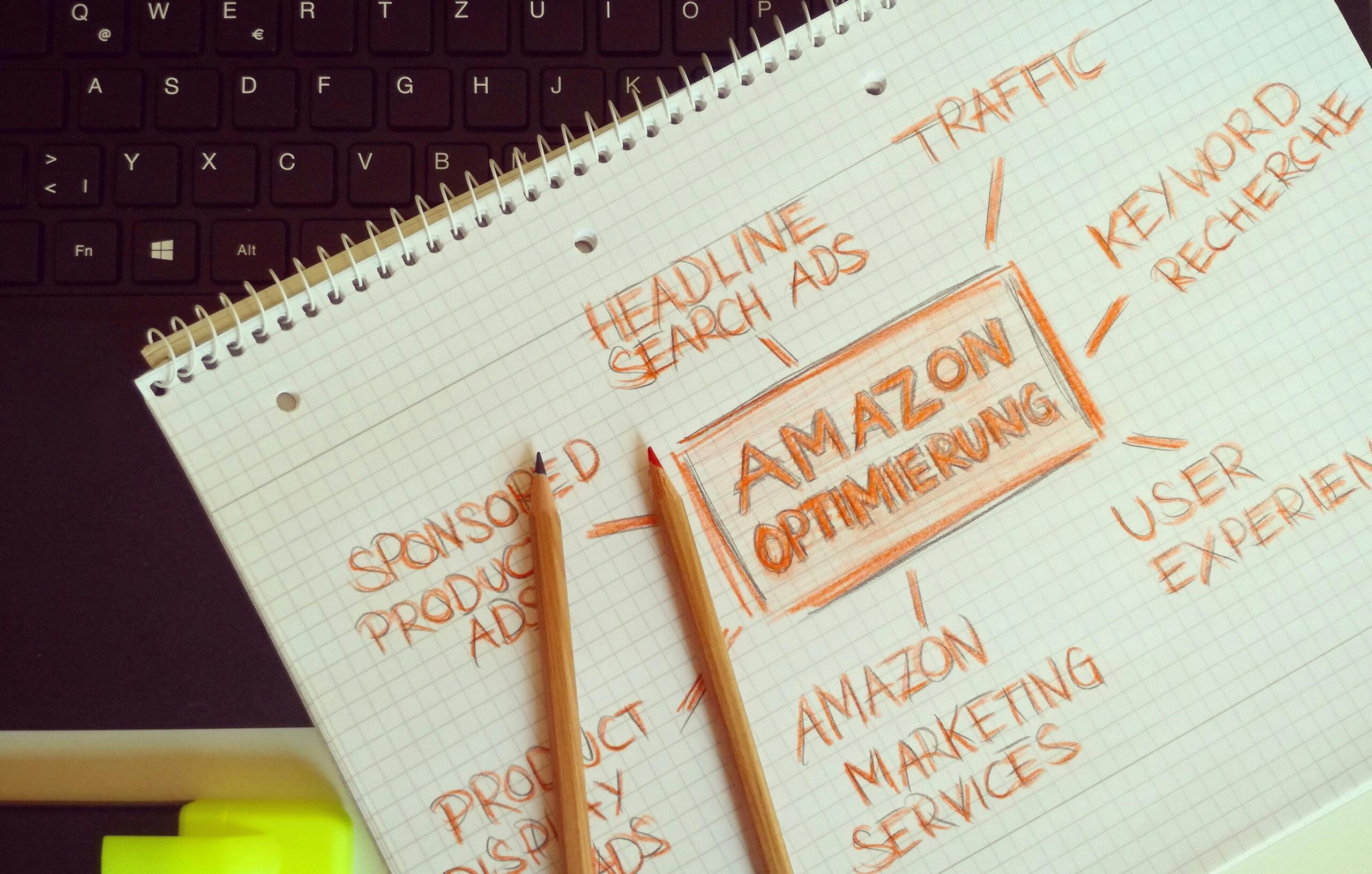 Notebook with Amazon marketing strategy, including SEO and ads.