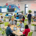 Busy modern office space depicting a digital marketing agency focused on online growth strategies, business development, and providing SEO services, content marketing, social media management, PPC advertising, email marketing, web design, brand awareness, and lead generation.