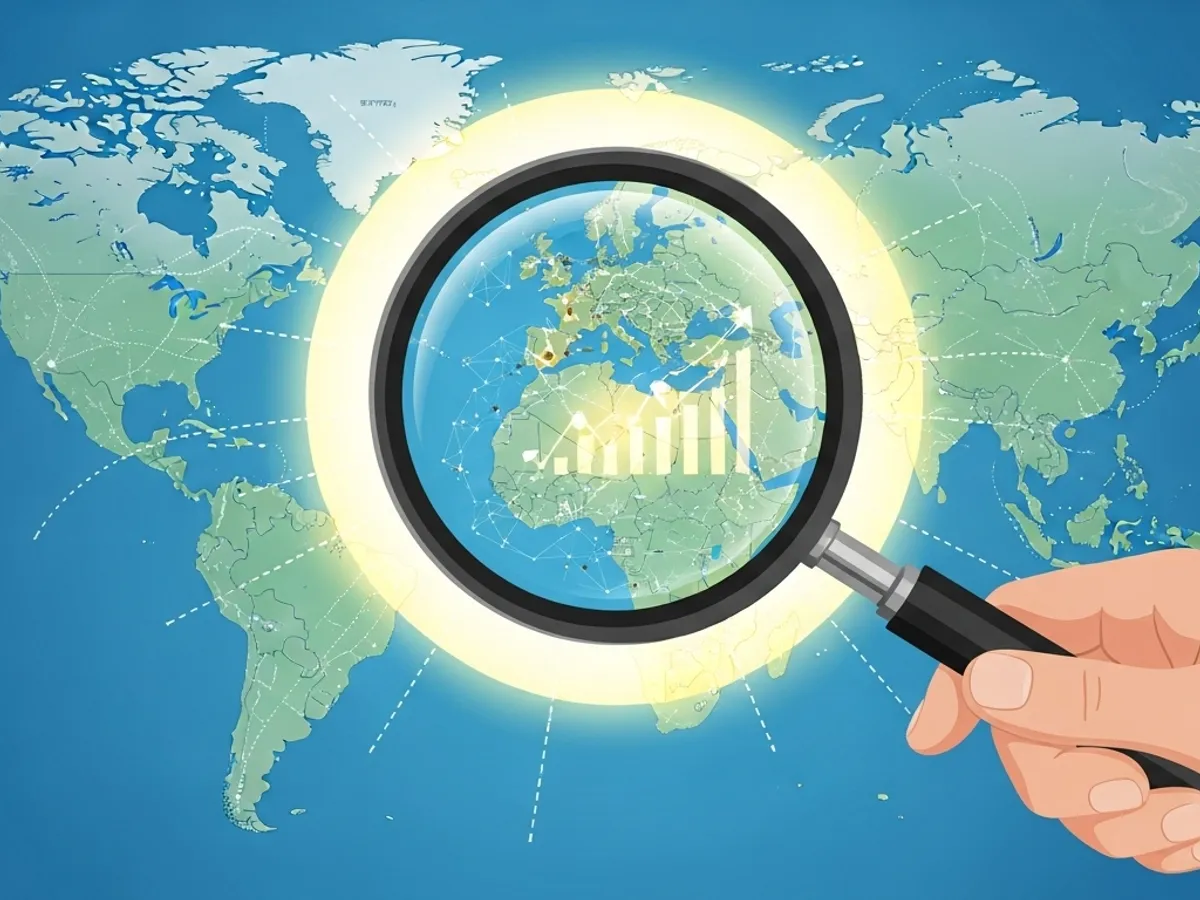 Magnifying glass focusing on Europe over a world map, symbolizing global market analysis for online growth strategies and business development by a digital marketing agency.