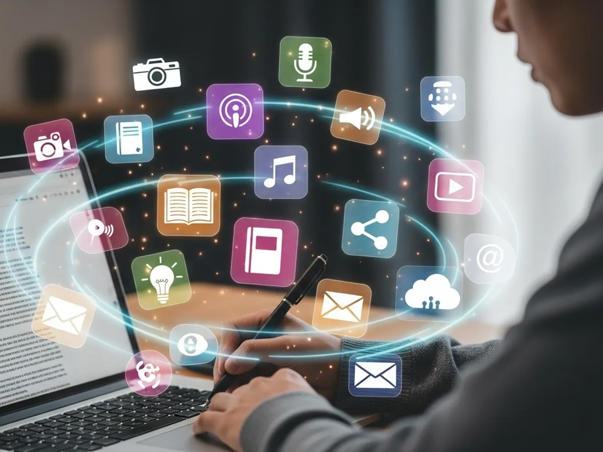 Person using a laptop surrounded by social media and digital icons, representing social media management, content marketing, and other online growth strategies offered by a digital marketing agency.