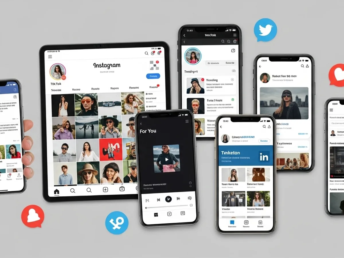 Multiple smartphones and a tablet displaying various social media apps, showcasing social media management and marketing services provided by a digital marketing agency to enhance brand awareness and lead generation.