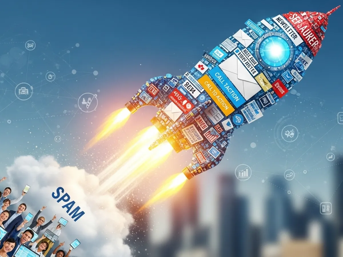 Rocket ship made of digital marketing elements launching into the sky, symbolizing a digital marketing agency's approach to online growth strategies, including email marketing and content marketing, to avoid spam and drive engagement.