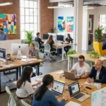 A vibrant and collaborative workspace at a digital marketing agency, showcasing employees working on computers and collaborating on projects to enhance online presence and business growth.