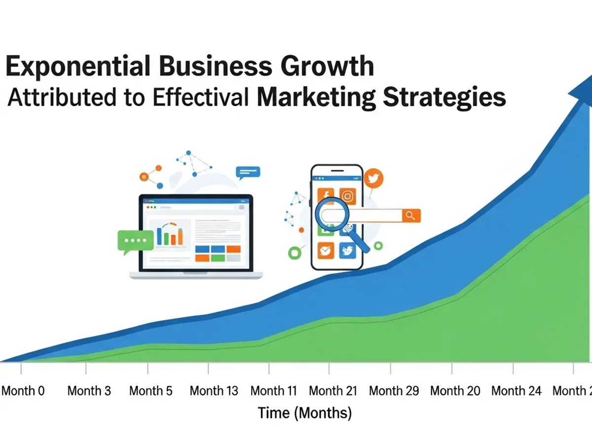 Graph depicting exponential business growth attributed to effective digital marketing strategies, illustrating the impact of SEO services, content marketing, and paid advertising over time.