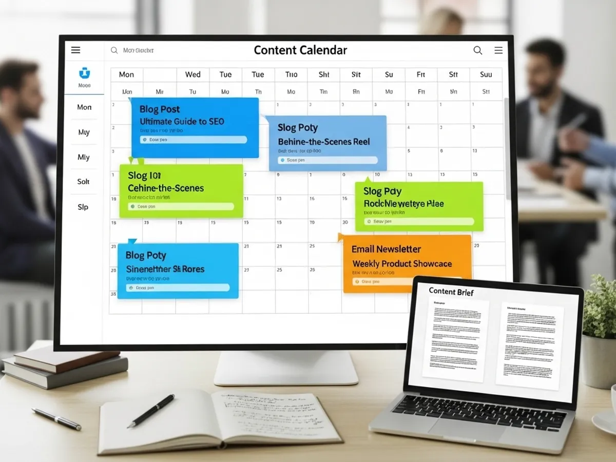A content calendar displayed on a computer screen, essential for content marketing and planning social media marketing campaigns to boost brand awareness and lead generation.