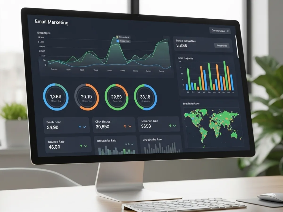 A computer screen displaying email marketing analytics, showing key metrics for tracking campaign performance and optimizing strategies to improve lead generation and customer engagement.