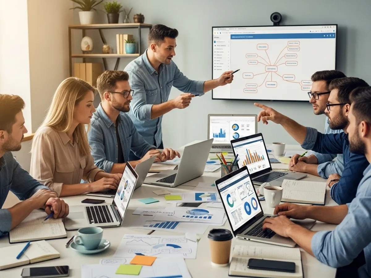 A team of marketing professionals collaborates around a table, using laptops to analyze data and develop marketing strategies, showcasing the collaborative approach of a digital marketing agency.