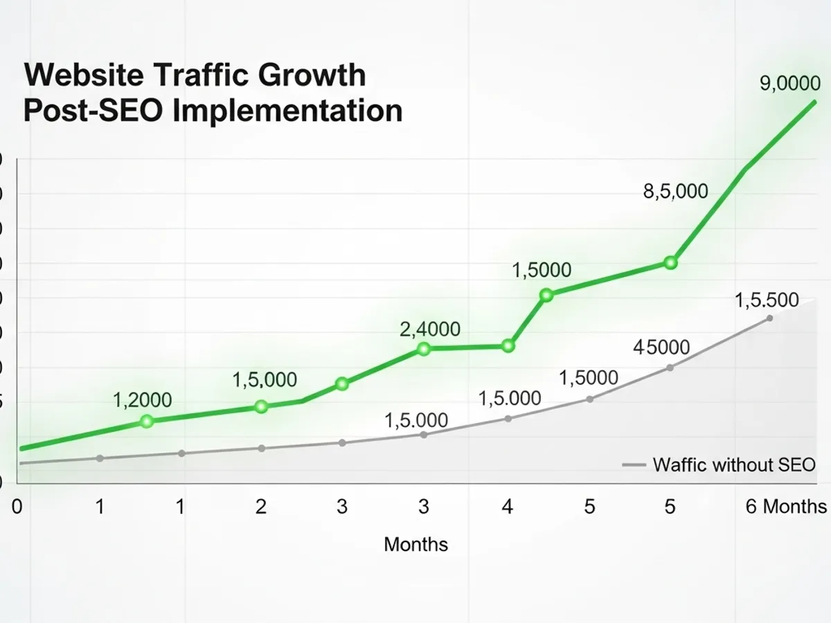 Graph showcasing website traffic growth after SEO implementation, demonstrating the effectiveness of SEO strategies in improving online presence and lead generation, ultimately increasing ROI.