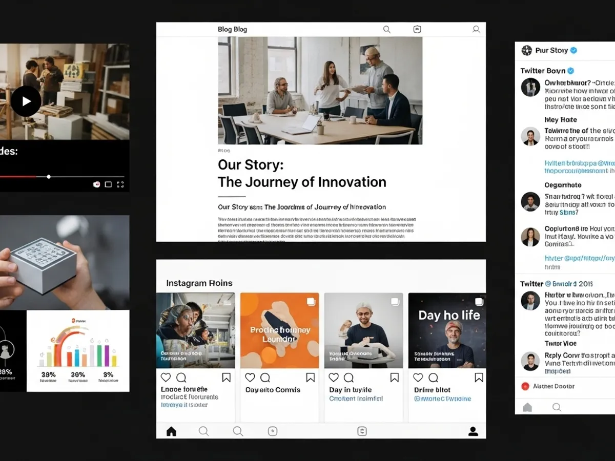 Collage of various digital marketing content, including blog posts, social media feeds, and video content, illustrating the diverse range of content marketing strategies used to enhance online presence and customer engagement.