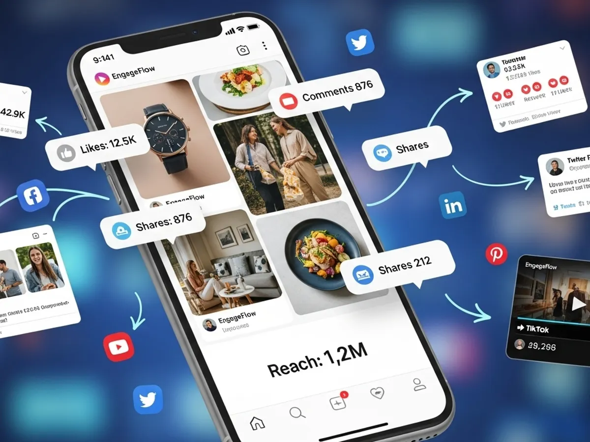Mobile phone showcasing social media engagement statistics such as likes, comments, and shares, highlighting the importance of social media marketing in enhancing online presence, driving customer engagement, and supporting lead generation efforts for better ROI.