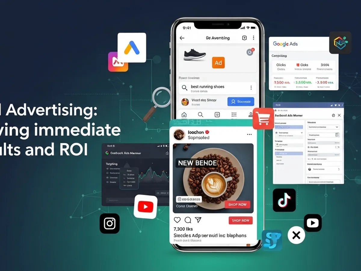 A smartphone displaying various paid advertising campaigns across different platforms, showcasing the power of paid advertising in driving immediate results and improving ROI, a key service offered by a digital marketing agency to boost online presence and customer engagement.