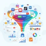 Illustration of a marketing funnel showcasing various digital marketing channels, including social media and search engine marketing (SEO/SEM), for ecommerce customer acquisition and conversion optimization, highlighting the strategies used by the best ecommerce marketing agencies.