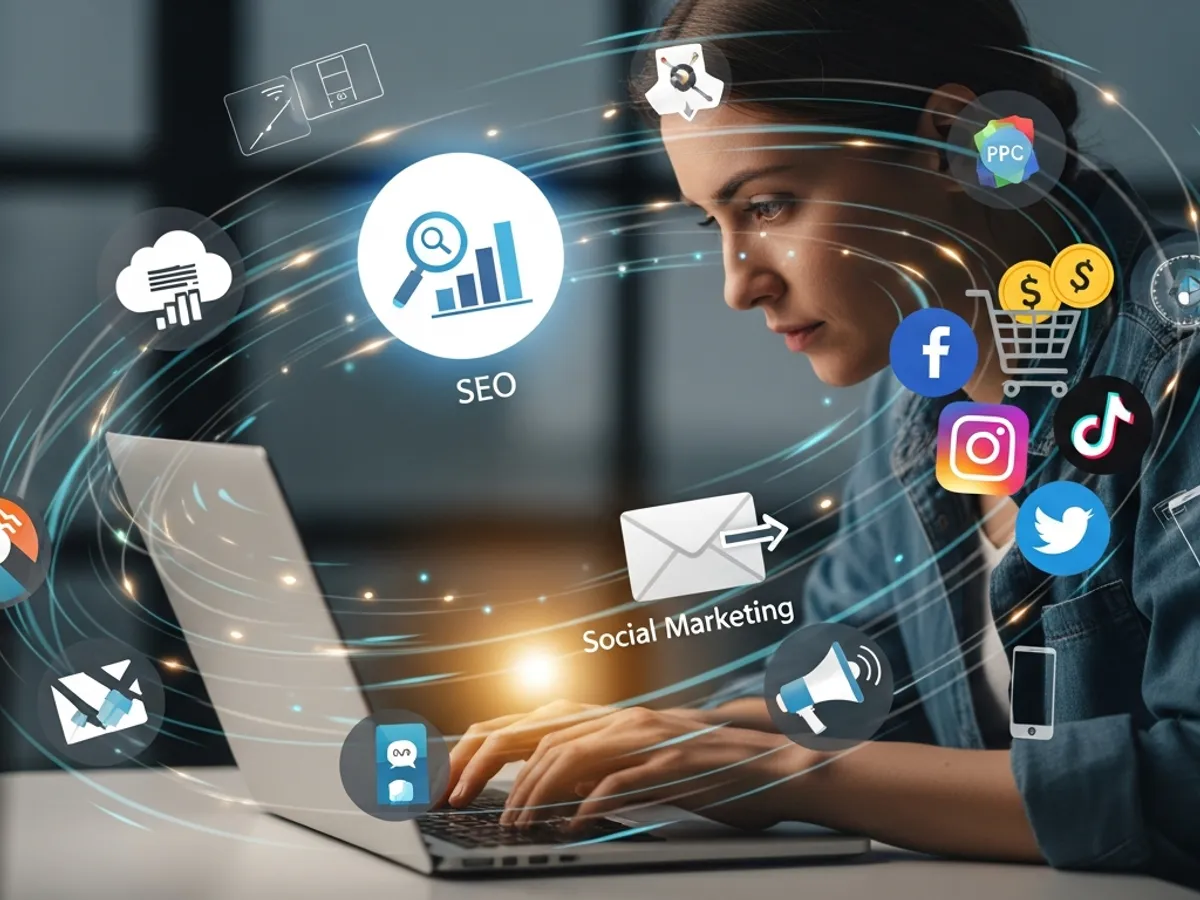 A woman working on a laptop, surrounded by icons representing various ecommerce marketing strategies such as SEO, social marketing, and ecommerce advertising, used by top ecommerce marketing agencies for digital marketing for ecommerce.