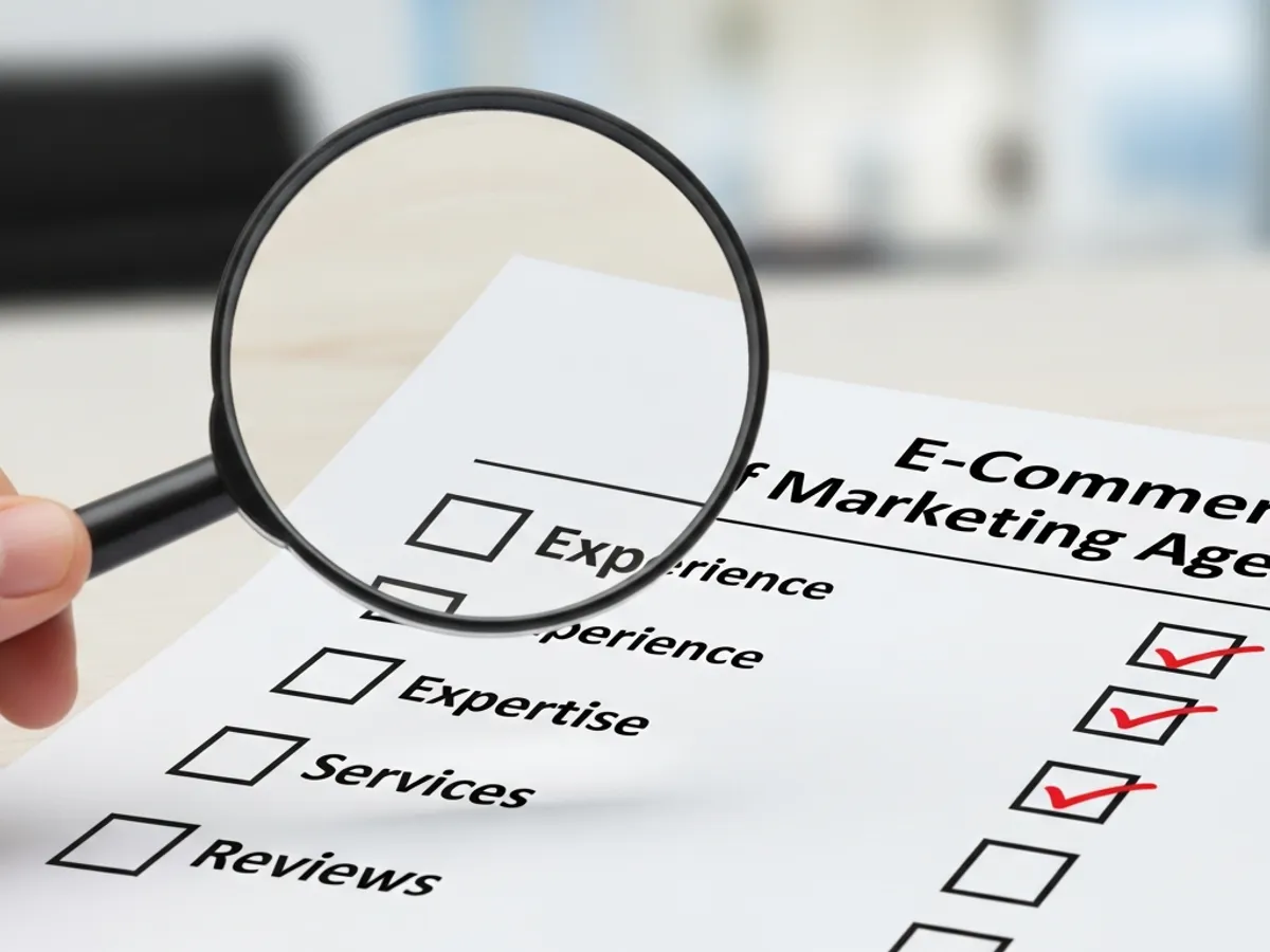 Checklist under a magnifying glass, highlighting the key qualities to consider when selecting the best ecommerce marketing agencies, including experience, expertise, services, and reviews, ensuring effective digital marketing for ecommerce.