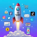 Rocket launching with ecommerce icons demonstrating growth achieved through online advertising companies and media marketing, showcasing the capabilities of ecommerce marketing agencies.