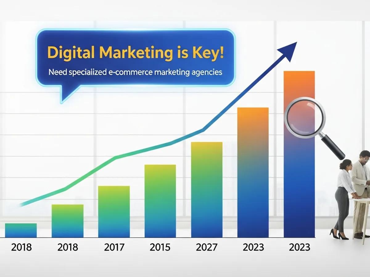 Graph showing growth in digital marketing with a magnifying glass, emphasizing the need for specialized e-commerce marketing agencies and their role in achieving success.