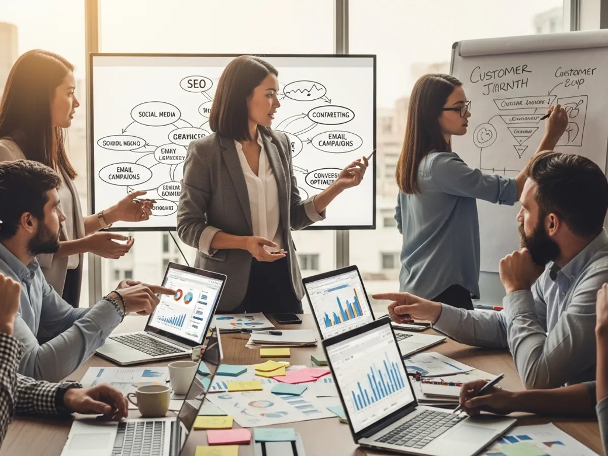 Team meeting with laptops and charts, illustrating how ecommerce marketing agencies and online advertising companies collaborate to drive results.