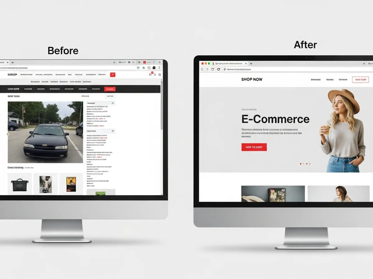 Before and after screenshot of an e-commerce website redesign, demonstrating the impact of ecommerce marketing agencies on improving user experience and conversions.
