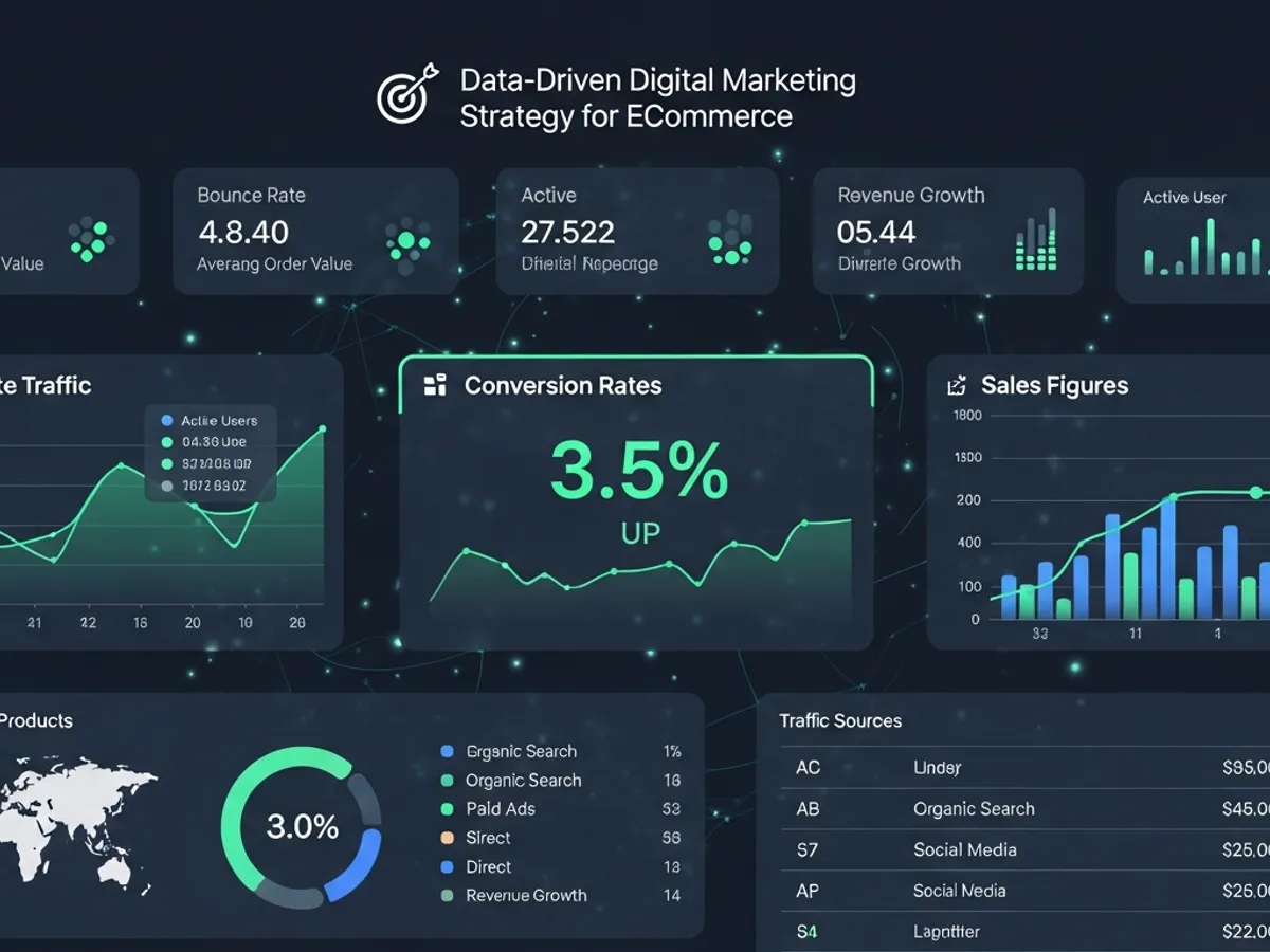Data-driven digital marketing strategy for ecommerce displaying key metrics such as bounce rate, revenue growth, conversion rates, and traffic sources, essential for effective customer acquisition and online advertising.