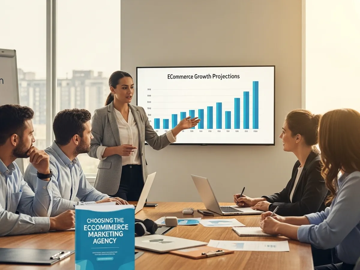 A team meeting discussing ecommerce growth projections, highlighting the importance of choosing the right ecommerce marketing agency for brand awareness and customer acquisition.